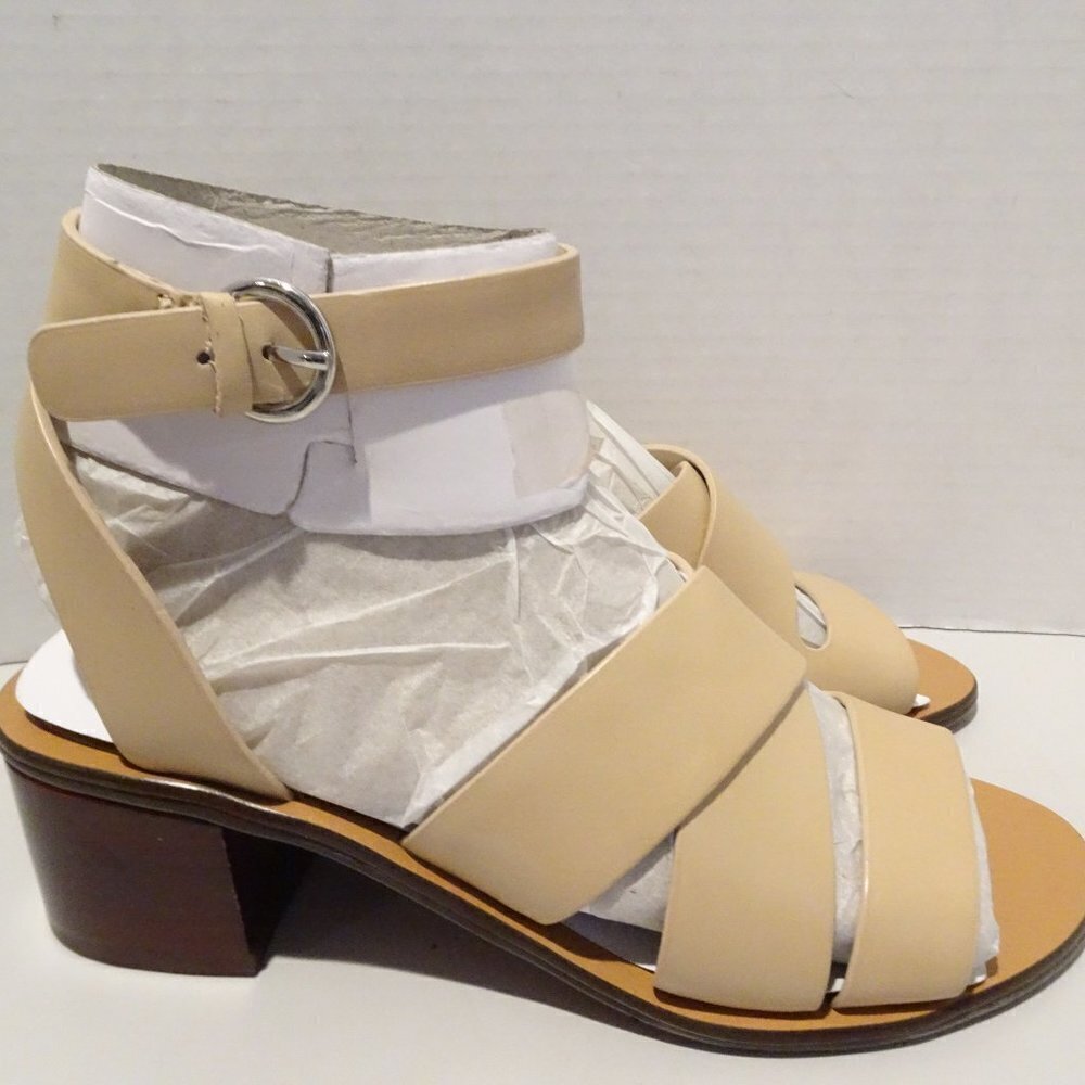 Marc Fisher Leather Block Heeled Sandals Omela Natural Bone Size 6.5 M Ankle